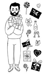 Vector collection Happy man with gifts and christmas holiday boxes, lollipop, flower, bows and glasses with bottle. Isolated doodles. male character for design of holiday themes and shopping.