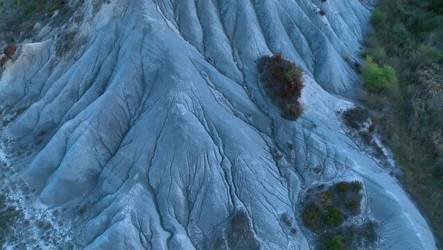 Erosion boulevards in the Aragon river in the surroundings of the town of Martes. Aerial view from a drone. Municipality of Bailo.The Jacetania. Huesca, Aragon, Spain, Europe