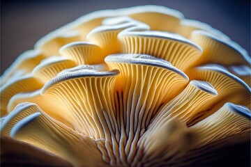 a close up of a yellow and white mushroom with a black background and a blue border around it and a black background.