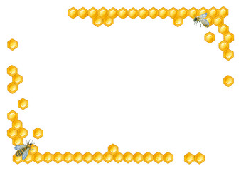 Watercolor illustration, frame of honeycomb with bees on a white background.