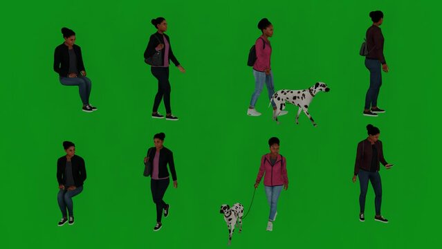 3d several different african doctor women on green screen walking and talking and shopping with handbag and dog in multiple angles in chroma 4k