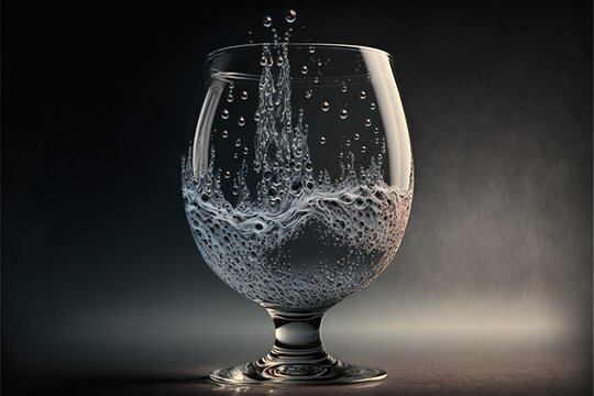 a glass with water is shown on a table top with a black background and a splash of water in the glass.