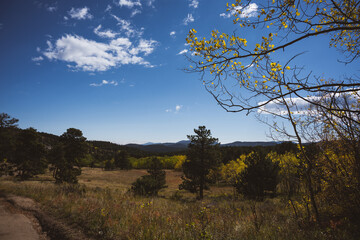 Obraz premium Rocky mountain rural landscape in the fall - golden field with colorful folliage