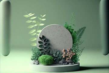 a stone with plants and rocks in it on a green background with a green planter and a green wall.