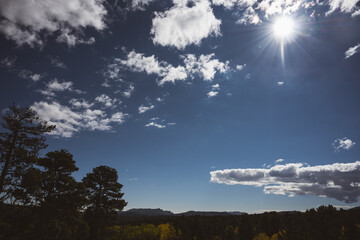 Rocky mountain rural landscape in the fall - golden field with colorful folliage