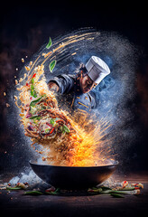 cooking on the fire in a big wok - obrazy, fototapety, plakaty