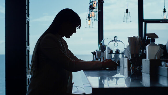 Upset Woman Silhouette Sitting Bartender Alone Closeup. Manager Tired At Bar