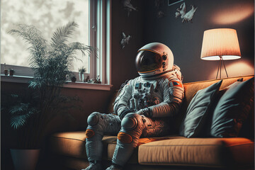 Astronaut man in a space suit withy mask sitting on a couch in a home living room. Created with generative AI.