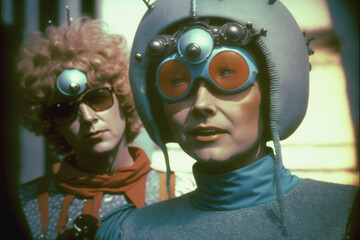 Actors in a retro sci-fi television show from the 1970s. They are wearing cheesy costumes and elaborate makeup. Created with generative AI.