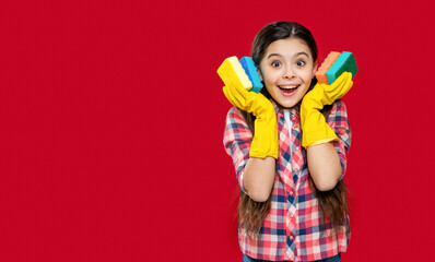 girl housecleaner do chores isolated on red, advertisement. girl housecleaner do chores