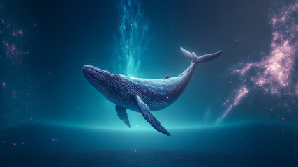 Fototapeta na wymiar Large humpback whale gracefully swimming in ocean galaxy with stars in the background. Created with generative AI.