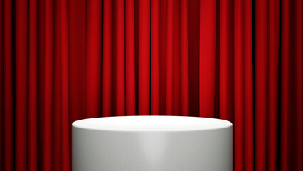 round cilinder white podium in front of red curtain background with spotlight, 3d rendering mock up suitable for any products