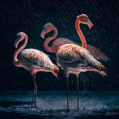 Pink flamingo birds in snow or rain storm. Created with generative AI.