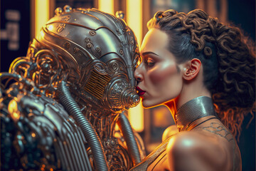 Fototapeta na wymiar Pretty woman kissing a robot. Created with generative AI. 