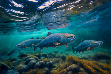 Fototapeta premium Salmon fish swimming in clear river water. Created with generative AI.