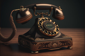 Vintage rotary telephone. Intricate fancy details on the antique phone. Created with generative AI. 