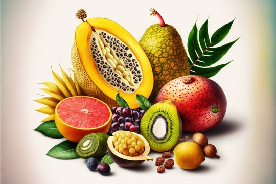 a painting of a variety of fruits including kiwi.