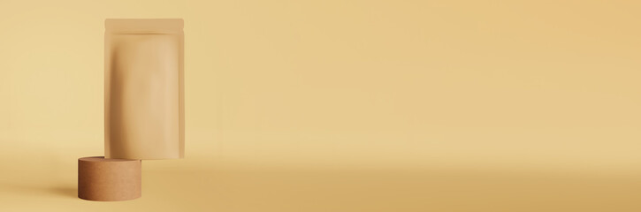 Balancing brown paper pouch bag coffee bean 3D rendering podium banner design. Merchandise packaging logo promo. Blank matte kraft product doy pack levitating template Shop sale discount demonstration