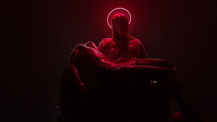 Mourning for Christ, Michelangelo's Vatican Pieta sculpture with a neon halo, postmodernism, modern style of classical art. 3d visualization - 555989157