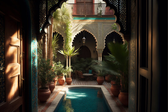 Generative AI illustration of beautiful patio with swimming pool in riad