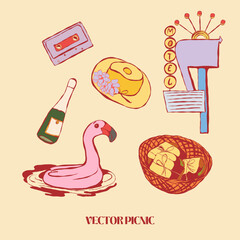 Vector Picnic Fun sandwiches TV, Radio, Champagne, Pizza, Pie, Fruits, Buffet, Relax