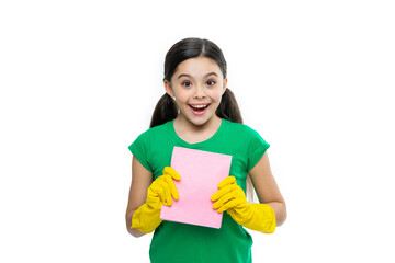 amazed girl cleaner do chores in studio. girl cleaner do chores on background.