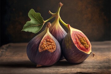 two figs with leaves on a table with a dark background and a brown background with a brown spot.
