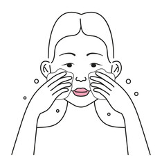 Wash woman face icon vector. . Step by step cosmetic procedure. Girl shows how to cleaning, whiting face and use korean spa cosmetic cleanser.