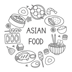 Asian food doodle set. Asian cuisine in sketch style. Hand drawn vector illustration isolated on white background