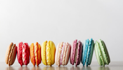 Rainbow colored macarons arranged in row on white surface pastel French cookies dessert