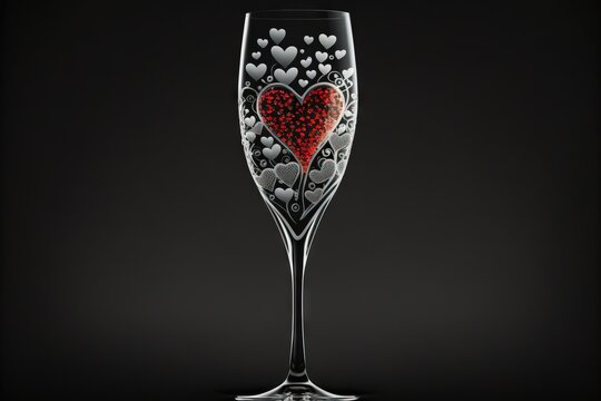 a wine glass with hearts painted on it and a black background with a black background and a black background.