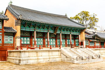 Exterior of a pavilion of the Gyeongbokgung palace in Seoul, South Korea, Asia