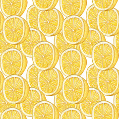Watercolor illustration, a pattern of lemon halves on a white background.
