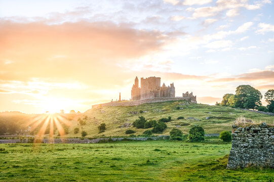 Beautiful sunrise on Rock of Cashel abbey historic site, Ireland