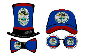 Head accessories. Patriotic clip art set in colors of national flag on white background. Belize