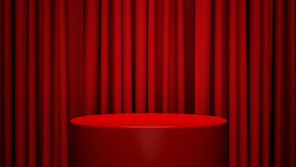 round cilinder red podium in front of red curtain background with spotlight, 3d rendering mock up suitable for any products