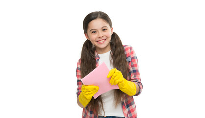 Have fun. Cleaning worries away. Everything in its place. Anti allergen cleaning products. Cleaning supplies. Girl wear protective gloves for safe cleaning. Wiping dust. Make household more joyful