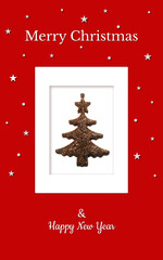 The collection of Christmas cards of a golden Christmas tree on a red and white background. There are also white stars, snowflakes and Christmas inscriptions. JPG files at 300 dpi, high resolution.