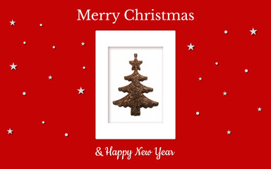 The collection of Christmas cards of a golden Christmas tree on a red and white background. There are also white stars, snowflakes and Christmas inscriptions. JPG files at 300 dpi, high resolution.