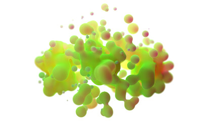 Digital abstract futuristic background of flying, flowing spheres, metaballs.  Green acid toxic matte  substance slime isolated on white background. Depth of field. 3D render