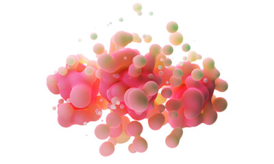 Digital abstract futuristic background of flying, flowing spheres, metaballs.  Pink matte substance slime isolated on white background. Subsurface scattering Depth of field. 3D render