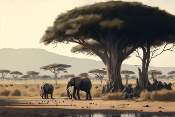 African savanna landscape with elephant - obrazy, fototapety, plakaty