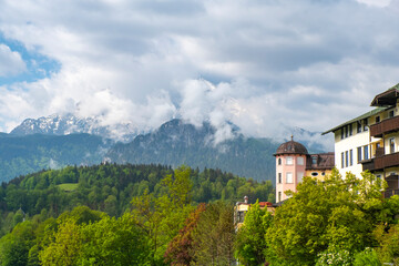 Fototapeta na wymiar Berchtesgaden famous historic town and mountains in Nationalpark Berchtesgadener Land, Upper Bavaria, Germany