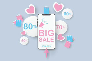 valentine sale promotion mobile phone abstract. big sale discount with percent 80, 70, 60, 50% and pink heart, valentine lovely, white circle vector. design for banner, summer sale, valentine's day.  