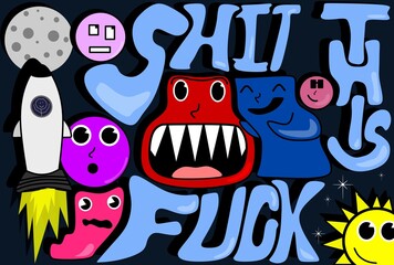 illustration with a variety of colorful characters and random phrases