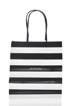 IRIVNE, CALIFORNIA - 23 DEC 2022: A shopping bag from Sephora a French multinational retailer of personal care and beauty products.