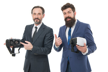 Naklejka premium Men vr glasses modern technology. Virtual business. Online business concept. Men bearded formal suits. Digital and cyber technologies. Experimental experience. Business innovation. Vr presentation