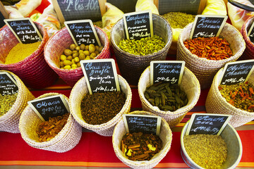 Spices at Market, Carcassonne, Aude, Languedoc-Roussillon, France