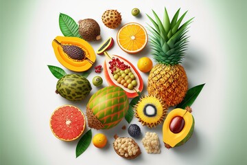 a variety of fruits are arranged in a circle on a white background with green leaves and a green background.