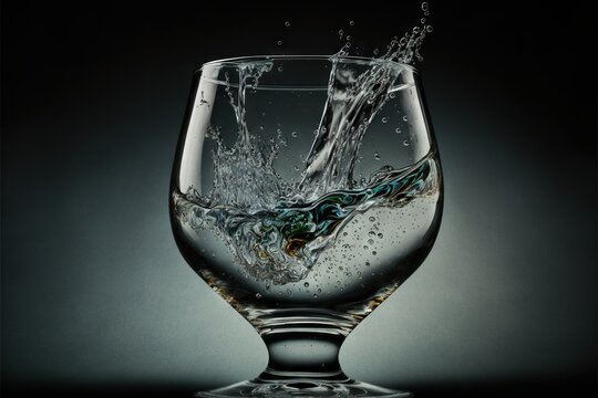 a glass of water with a splash of water on it's side and a black background behind it.